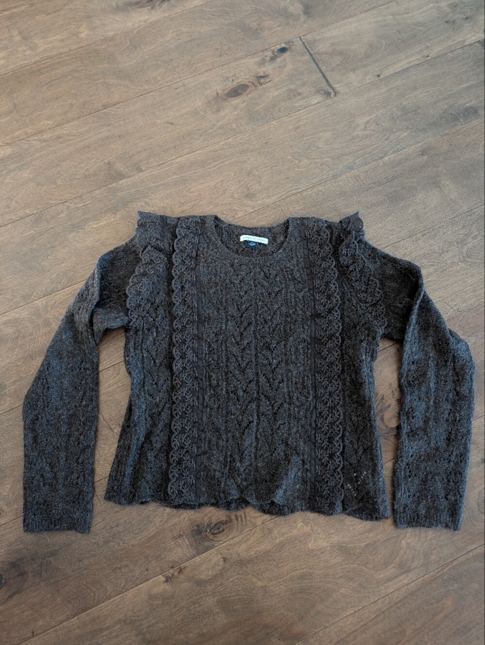 American Eagle Outfitters Brown Lace-Trim Cable Knit Crewneck Sweater